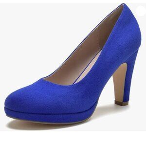 miss left Women's Low Platform High Chunky Heels Slip On Closed Round Toe Blue